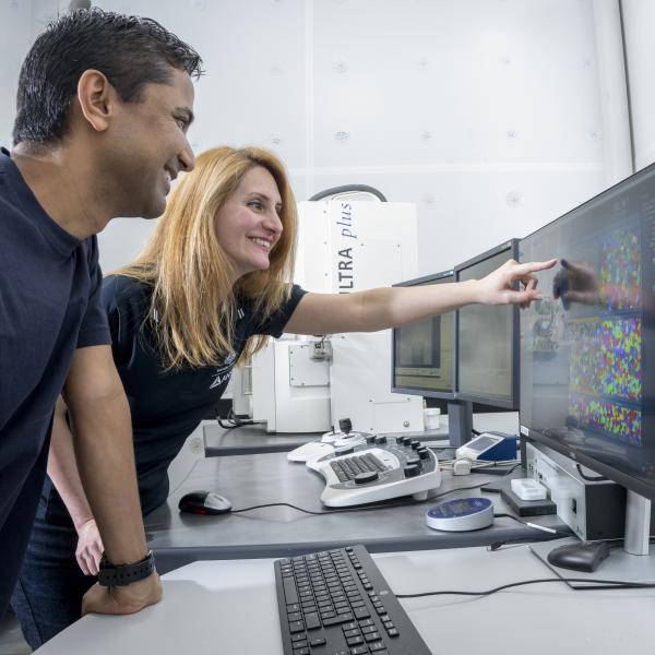 stock image of two professionals reviewing data on a screen